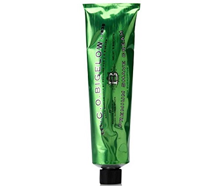 a green tube of C.O. Bigelow Premium Shave Cream with Eucalyptus Oil