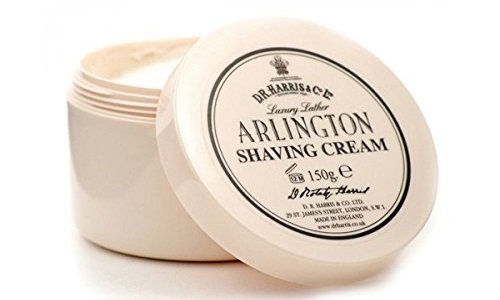 a pink container of D. R. Harris Arlington Shaving Cream