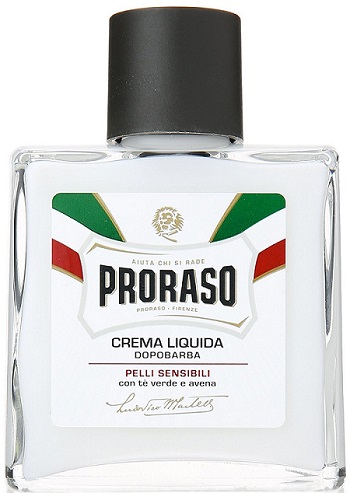 a transparent bottle of Proraso After Shave Balm, Sensitive Skin