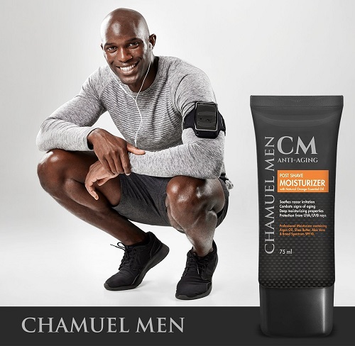 black man as model in sports wear smiling next to a pack of Chamuel's Men Skincare Post Shave Lotion