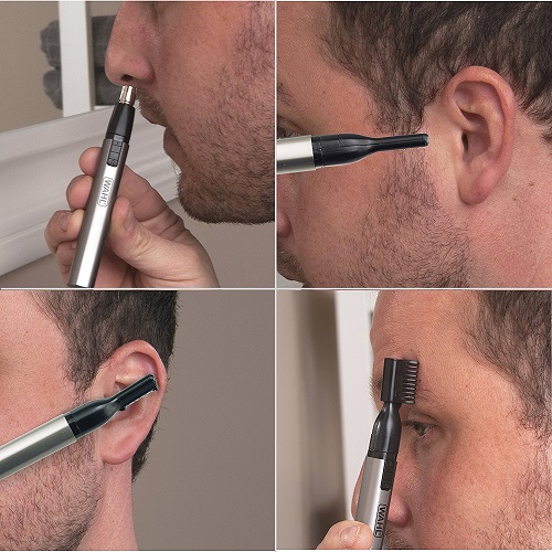 same man in four different instances trimming nose hair, sideburns, ear hair, and eyebrows with Wahl's Lithium Micro Groomsman Trimmer