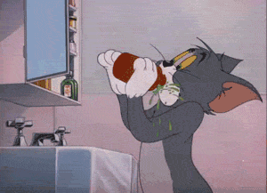 a cartoon character drinking all the medicine he could get from the medicine cabinet